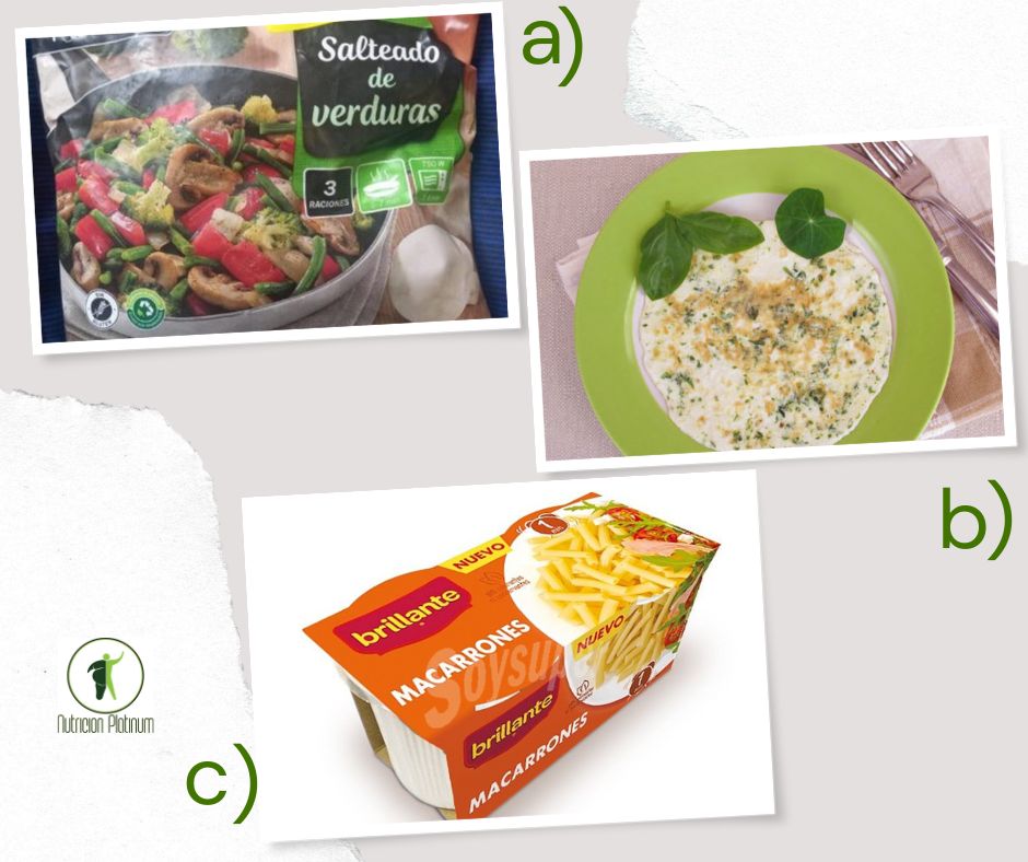 Salteado de verduras con una tortilla de claras y 1 vasito de macarrones.